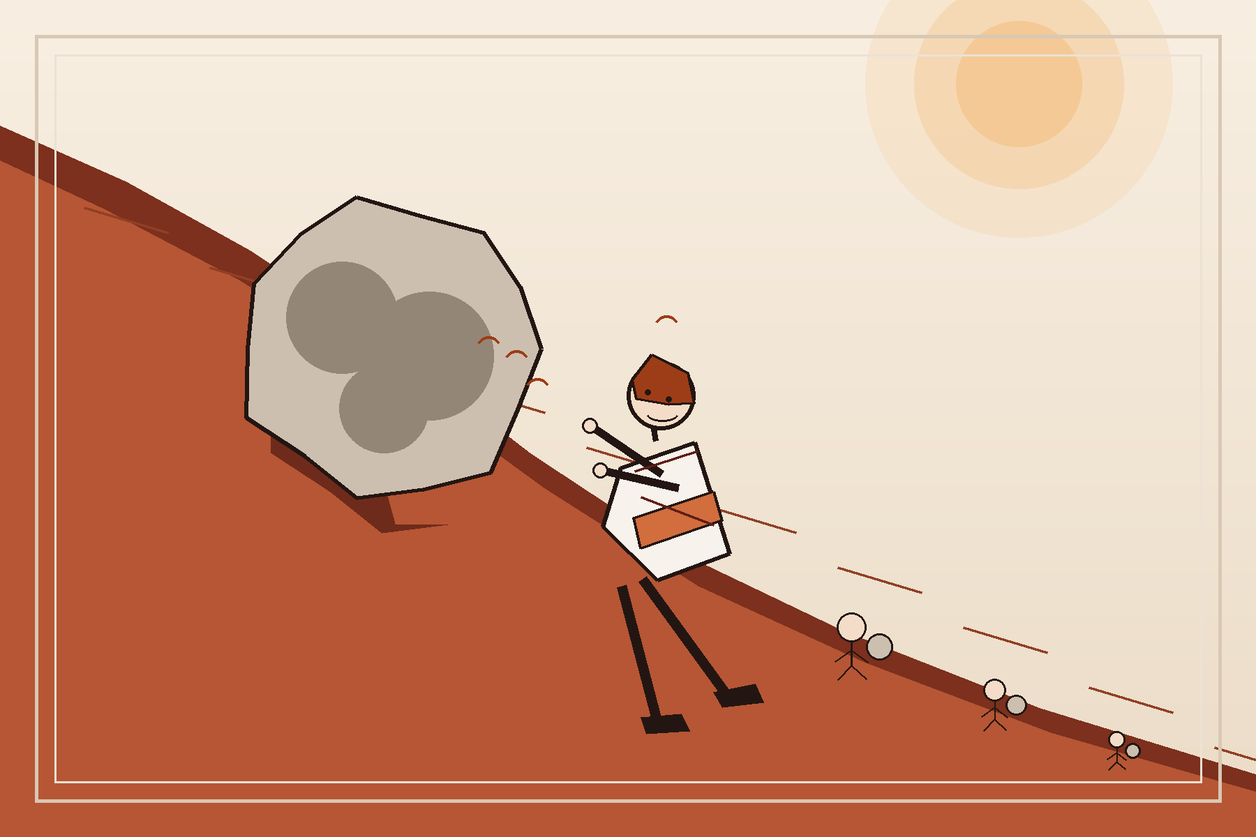 A red and cream drawing of a man pushing a stone uphill while earlier versions of him lie crushed below in an endless cycle.